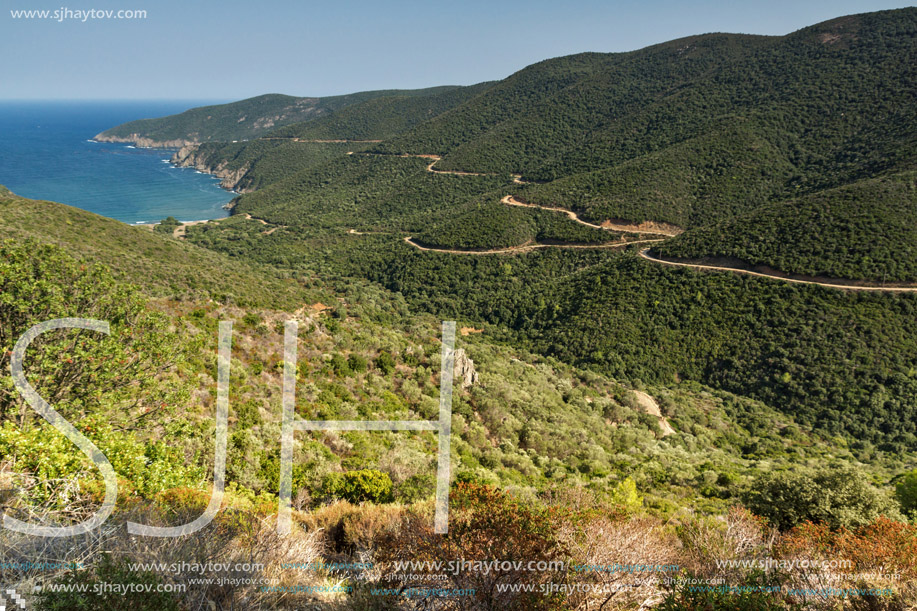 Panoramic view of Mamba Beach Ampelos at Sithonia peninsula, Chalkidiki, Central Macedonia, Greece