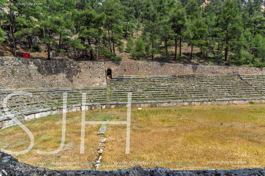 Panoramic view of Stadium at Ancient Greek archaeological site of Delphi, Central Greece