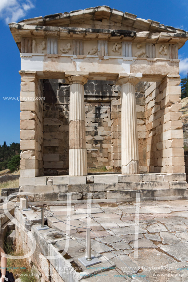 Treasury of Athens in Ancient Greek archaeological site of Delphi, Central Greece