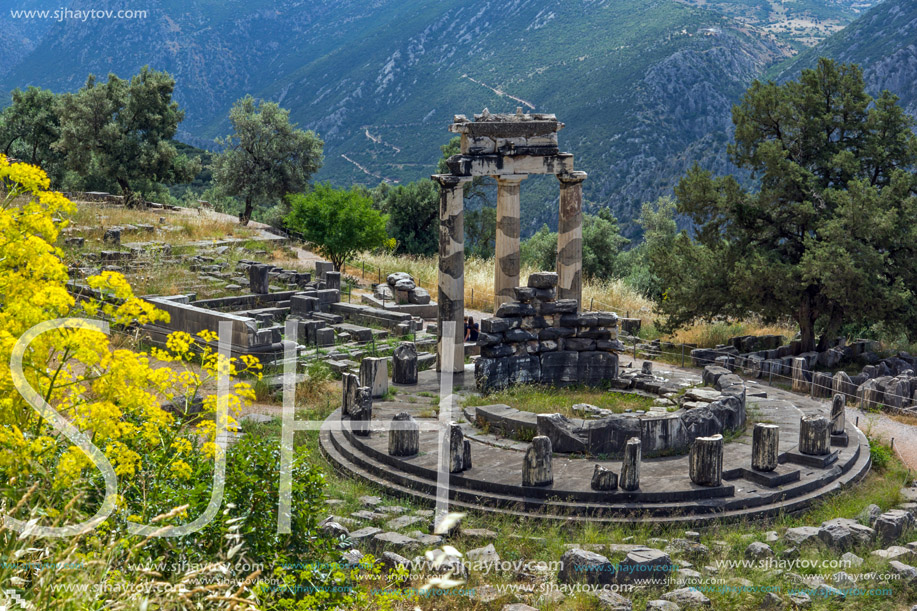 Amazing view of Ruins and Athena Pronaia Sanctuary at Ancient Greek archaeological site of Delphi, Central Greece