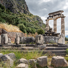 Amazing view of Ruins and Athena Pronaia Sanctuary at Ancient Greek archaeological site of Delphi, Central Greece