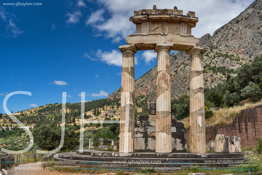 Amazing view of Ruins and Athena Pronaia Sanctuary at Ancient Greek archaeological site of Delphi, Central Greece