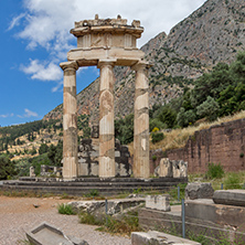 Amazing view of Ruins and Athena Pronaia Sanctuary at Ancient Greek archaeological site of Delphi, Central Greece