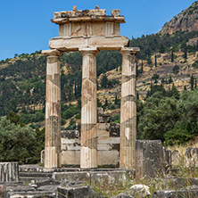 Amazing view of Ruins and Athena Pronaia Sanctuary at Ancient Greek archaeological site of Delphi, Central Greece