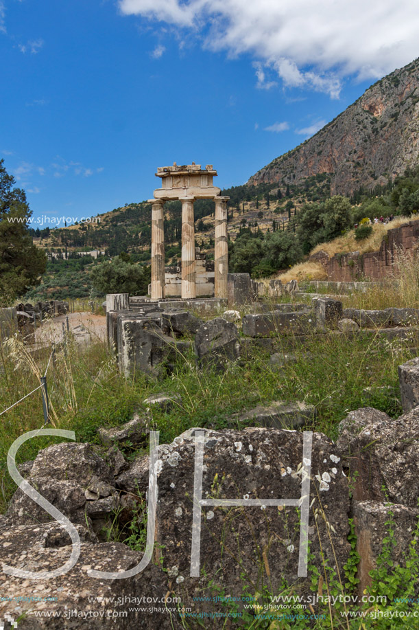Amazing view of Ruins and Athena Pronaia Sanctuary at Ancient Greek archaeological site of Delphi, Central Greece