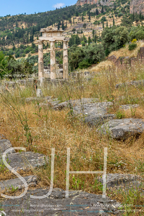 Amazing view of Ruins and Athena Pronaia Sanctuary at Ancient Greek archaeological site of Delphi, Central Greece