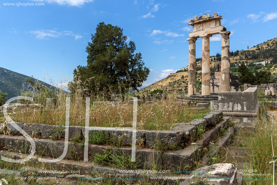 Amazing view of Ruins and Athena Pronaia Sanctuary at Ancient Greek archaeological site of Delphi, Central Greece