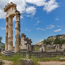 Amazing view of Ruins and Athena Pronaia Sanctuary at Ancient Greek archaeological site of Delphi, Central Greece