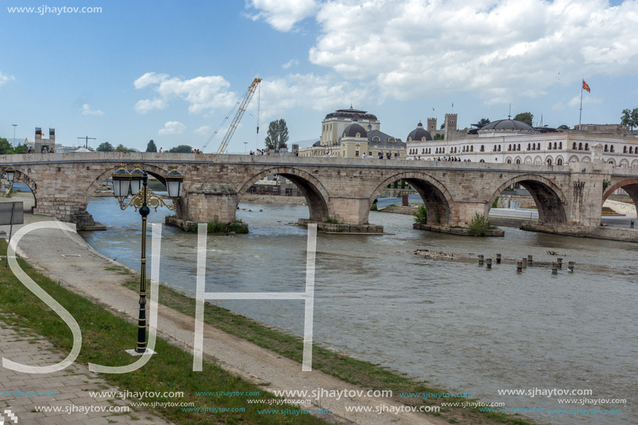 SKOPJE, REPUBLIC OF MACEDONIA - MAY 13, 2017: Skopje City Center, Old Stone Bridge and Vardar River, Republic of Macedonia