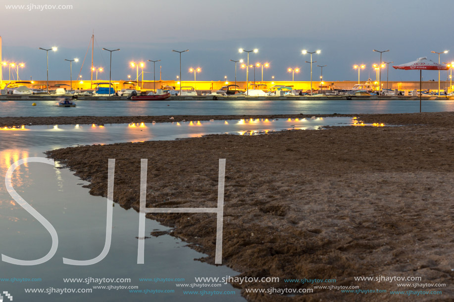 Night seascape of port and beach of Chernomorets, Burgas region, Bulgaria