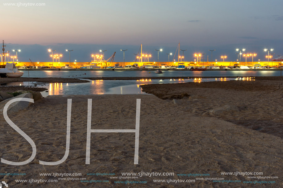 Night seascape of port and beach of Chernomorets, Burgas region, Bulgaria