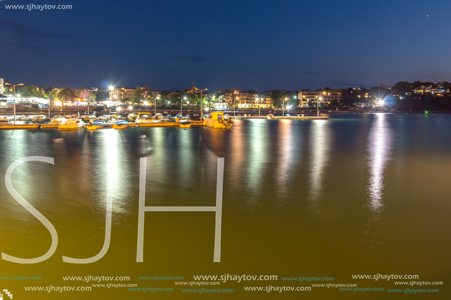 Night seascape of port and beach of Chernomorets, Burgas region, Bulgaria