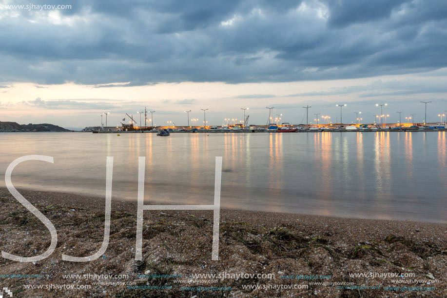 Night seascape of port and beach of Chernomorets, Burgas region, Bulgaria