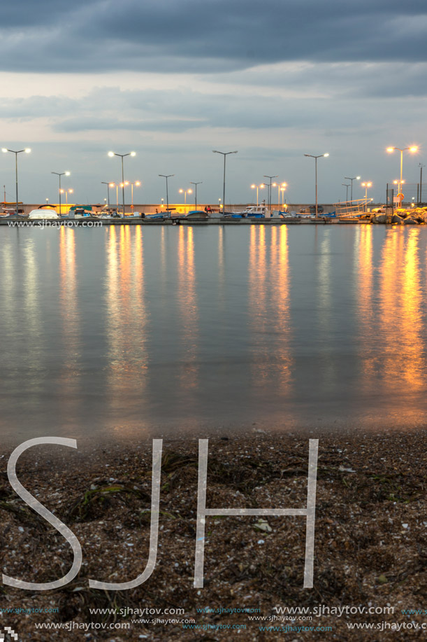 Night seascape of port and beach of Chernomorets, Burgas region, Bulgaria