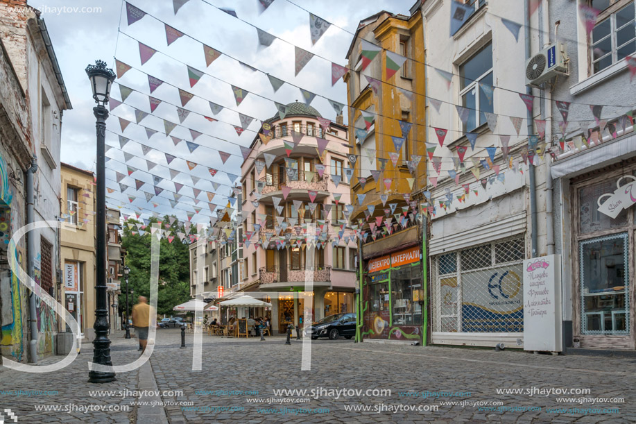 PLOVDIV, BULGARIA - AUGUST 22,  2017: Street in district Kapana, city of Plovdiv, Bulgaria