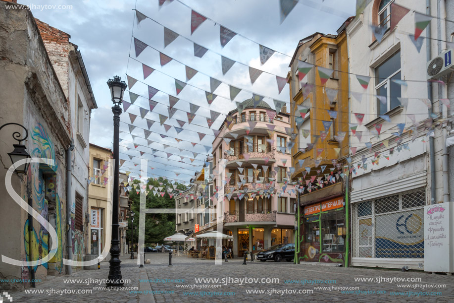 PLOVDIV, BULGARIA - AUGUST 22,  2017: Street in district Kapana, city of Plovdiv, Bulgaria