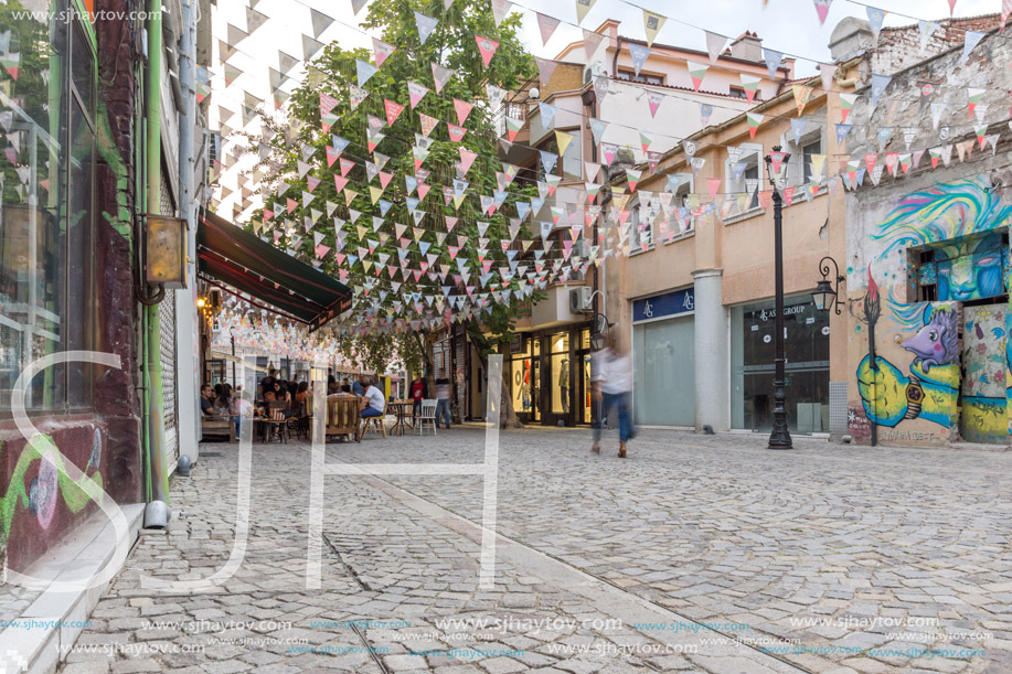 PLOVDIV, BULGARIA - AUGUST 22,  2017: Street in district Kapana, city of Plovdiv, Bulgaria