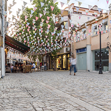 PLOVDIV, BULGARIA - AUGUST 22,  2017: Street in district Kapana, city of Plovdiv, Bulgaria