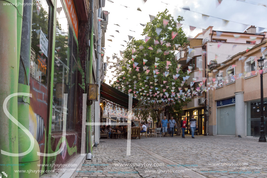 PLOVDIV, BULGARIA - AUGUST 22,  2017: Street in district Kapana, city of Plovdiv, Bulgaria