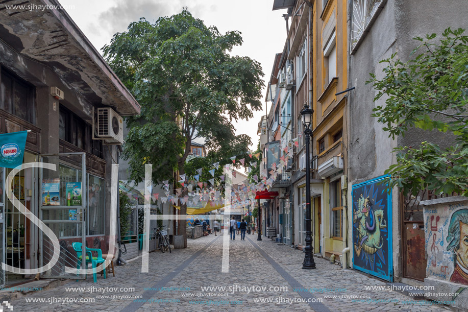 PLOVDIV, BULGARIA - AUGUST 22,  2017: Street in district Kapana, city of Plovdiv, Bulgaria