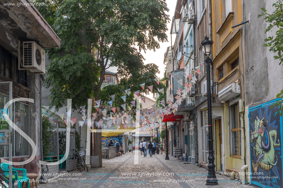 PLOVDIV, BULGARIA - AUGUST 22,  2017: Street in district Kapana, city of Plovdiv, Bulgaria