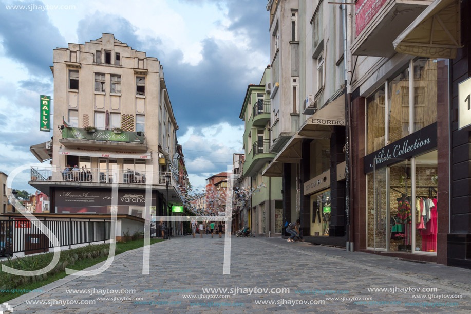 PLOVDIV, BULGARIA - AUGUST 22,  2017: Street in district Kapana, city of Plovdiv, Bulgaria