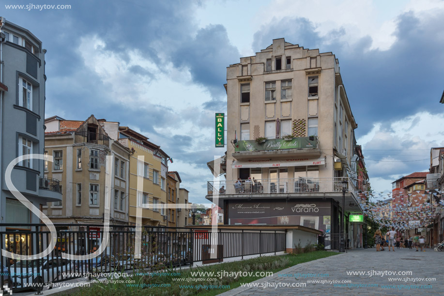 PLOVDIV, BULGARIA - AUGUST 22,  2017: Street in district Kapana, city of Plovdiv, Bulgaria