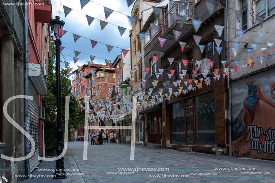 PLOVDIV, BULGARIA - AUGUST 22,  2017: Street in district Kapana, city of Plovdiv, Bulgaria