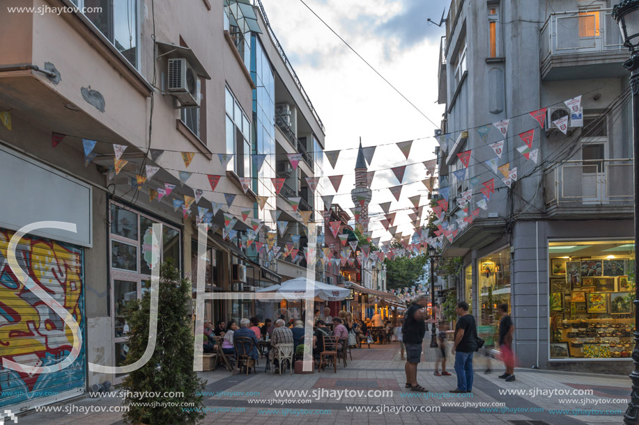 PLOVDIV, BULGARIA - AUGUST 22,  2017: Street in district Kapana, city of Plovdiv, Bulgaria