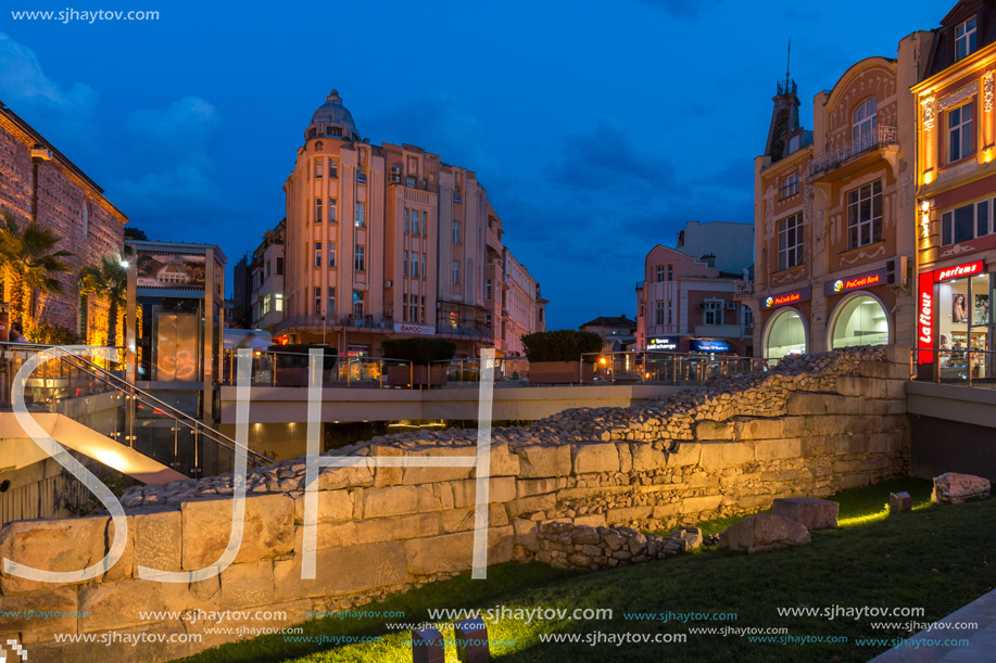 PLOVDIV, BULGARIA - AUGUST 22,  2017: Night photo of Knyaz Alexander I street in city of Plovdiv, Bulgaria