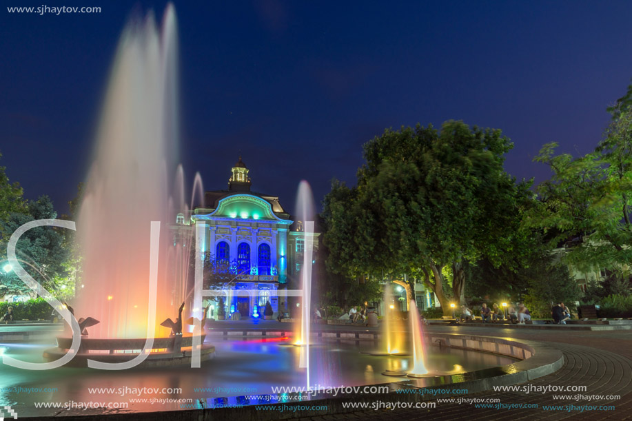 PLOVDIV, BULGARIA - AUGUST 22,  2017: Night photo of City Hall and fountain in city of Plovdiv, Bulgaria