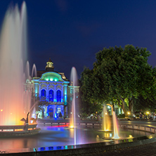 PLOVDIV, BULGARIA - AUGUST 22,  2017: Night photo of City Hall and fountain in city of Plovdiv, Bulgaria