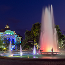 PLOVDIV, BULGARIA - AUGUST 22,  2017: Night photo of City Hall and fountain in city of Plovdiv, Bulgaria