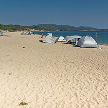 CHALKIDIKI, CENTRAL MACEDONIA, GREECE - AUGUST 25, 2014: Seascape of Tristinika beach at Sithonia peninsula, Chalkidiki, Central Macedonia, Greece