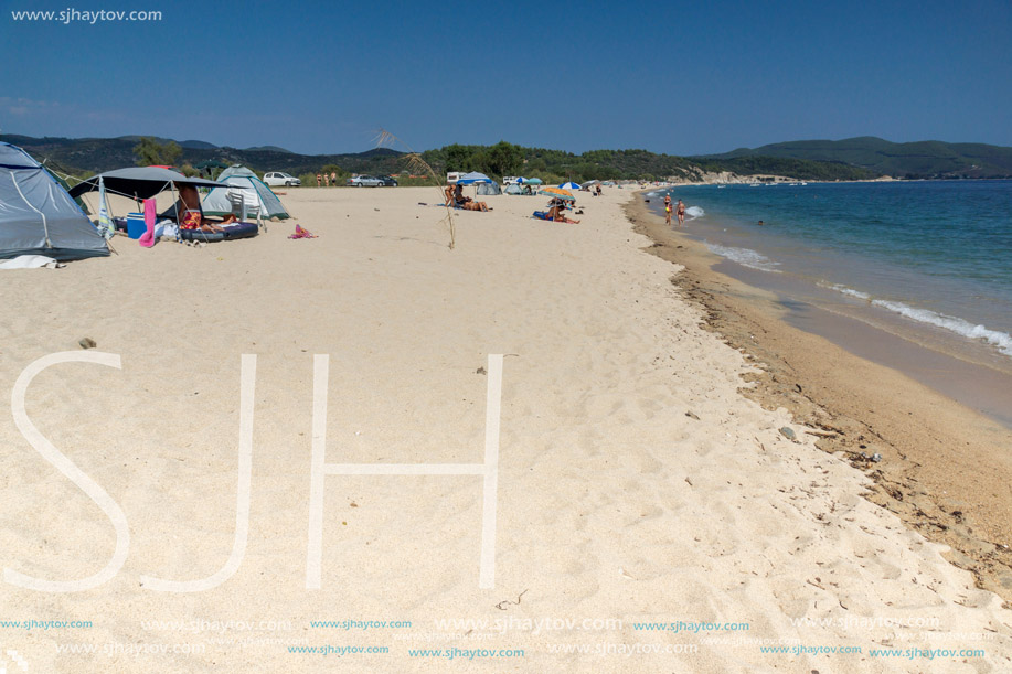 CHALKIDIKI, CENTRAL MACEDONIA, GREECE - AUGUST 25, 2014: Seascape of Tristinika beach at Sithonia peninsula, Chalkidiki, Central Macedonia, Greece