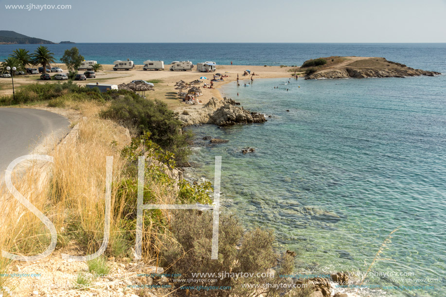 CHALKIDIKI, CENTRAL MACEDONIA, GREECE - AUGUST 25, 2014: Seascape of Tristinikouda beach at Sithonia peninsula, Chalkidiki, Central Macedonia, Greece