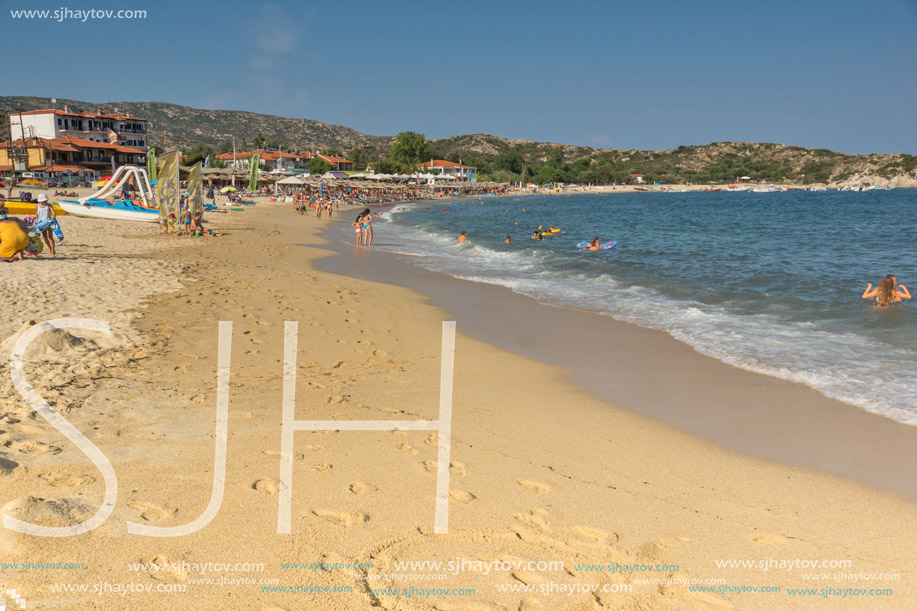 CHALKIDIKI, CENTRAL MACEDONIA, GREECE - AUGUST 25, 2014: Seascape of Kalamitsi beach at Sithonia peninsula, Chalkidiki, Central Macedonia, Greece
