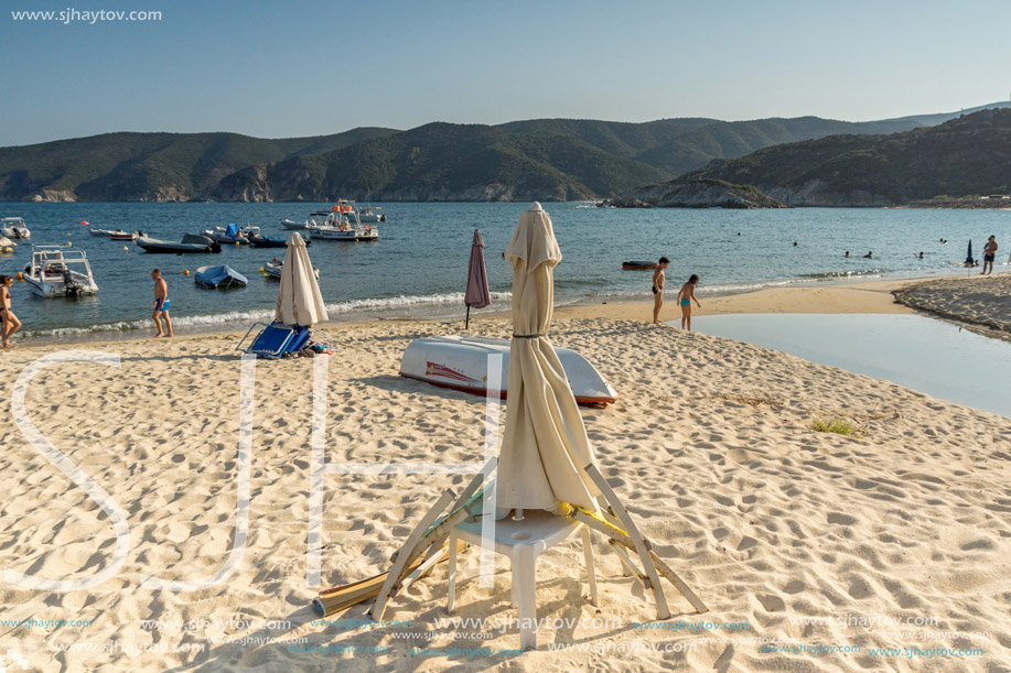 CHALKIDIKI, CENTRAL MACEDONIA, GREECE - AUGUST 25, 2014: Seascape of Kalamitsi beach at Sithonia peninsula, Chalkidiki, Central Macedonia, Greece