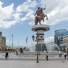 SKOPJE, REPUBLIC OF MACEDONIA - MAY  13, 2017: Skopje City Center and Alexander the Great Monument, Macedonia