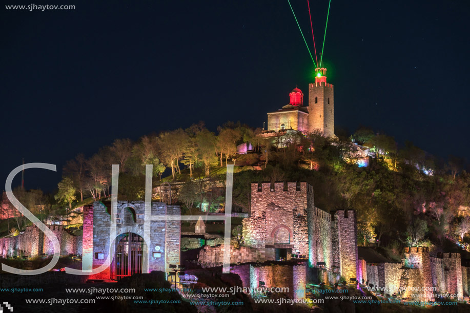 VELIKO TARNOVO, BULGARIA -  APRIL 10, 2017: Night Photo of capital city of the Second Bulgarian Empire medieval stronghold Tsarevets, Veliko Tarnovo, Bulgaria