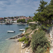 CHALKIDIKI, CENTRAL MACEDONIA, GREECE - AUGUST 25, 2014: Panorama of Coastline of town of Neos Marmaras at Sithonia peninsula, Chalkidiki, Central Macedonia, Greece
