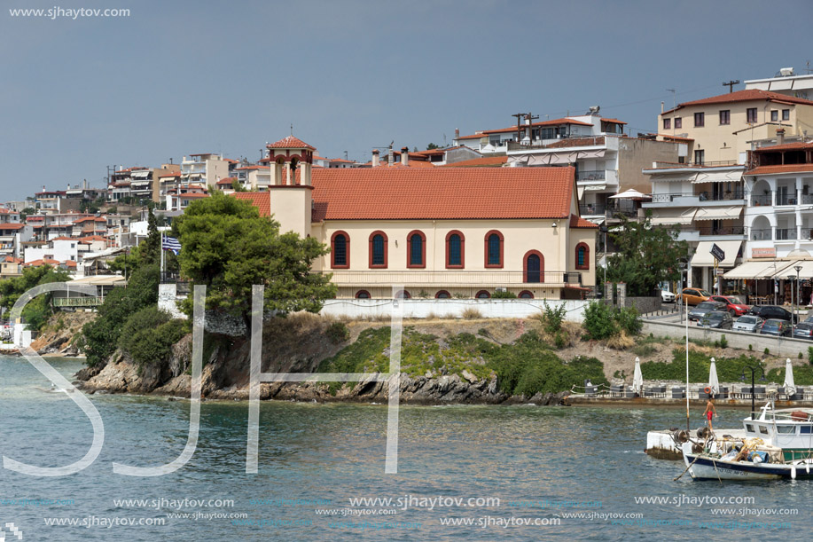 CHALKIDIKI, CENTRAL MACEDONIA, GREECE - AUGUST 25, 2014: Panorama of Coastline of town of Neos Marmaras at Sithonia peninsula, Chalkidiki, Central Macedonia, Greece