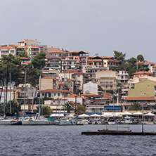 CHALKIDIKI, CENTRAL MACEDONIA, GREECE - AUGUST 25, 2014: Panorama of Coastline of town of Neos Marmaras at Sithonia peninsula, Chalkidiki, Central Macedonia, Greece