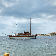 CHALKIDIKI, CENTRAL MACEDONIA, GREECE - AUGUST 25, 2014: Panorama of Coastline of town of Neos Marmaras at Sithonia peninsula, Chalkidiki, Central Macedonia, Greece