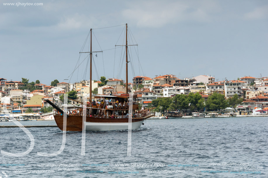 CHALKIDIKI, CENTRAL MACEDONIA, GREECE - AUGUST 25, 2014: Panorama of Coastline of town of Neos Marmaras at Sithonia peninsula, Chalkidiki, Central Macedonia, Greece