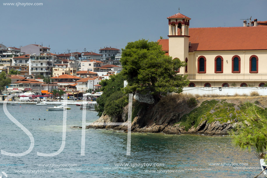 CHALKIDIKI, CENTRAL MACEDONIA, GREECE - AUGUST 25, 2014: Panorama of Coastline of town of Neos Marmaras at Sithonia peninsula, Chalkidiki, Central Macedonia, Greece