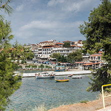 CHALKIDIKI, CENTRAL MACEDONIA, GREECE - AUGUST 25, 2014: Panorama of Coastline of town of Neos Marmaras at Sithonia peninsula, Chalkidiki, Central Macedonia, Greece