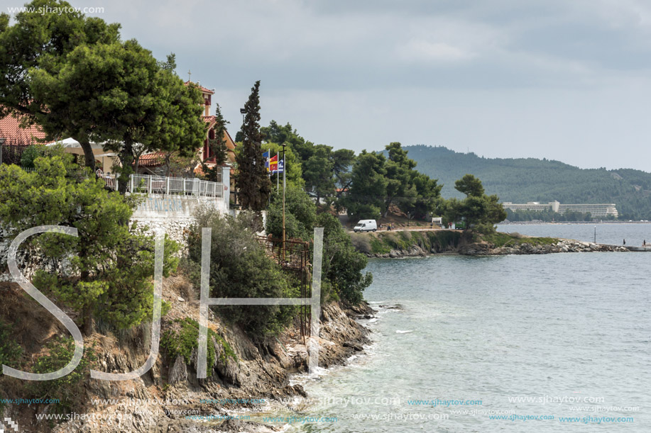 CHALKIDIKI, CENTRAL MACEDONIA, GREECE - AUGUST 25, 2014: Panorama of Coastline of town of Neos Marmaras at Sithonia peninsula, Chalkidiki, Central Macedonia, Greece