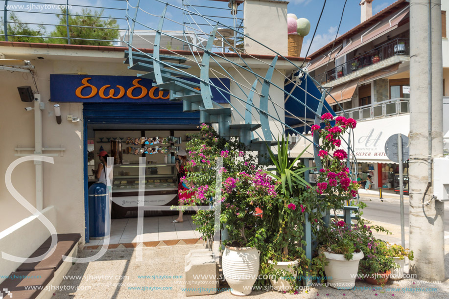 CHALKIDIKI, CENTRAL MACEDONIA, GREECE - AUGUST 25, 2014: Panorama of Coastline of town of Neos Marmaras at Sithonia peninsula, Chalkidiki, Central Macedonia, Greece