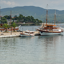 CHALKIDIKI, CENTRAL MACEDONIA, GREECE - AUGUST 25, 2014: Panorama of Coastline of town of Neos Marmaras at Sithonia peninsula, Chalkidiki, Central Macedonia, Greece